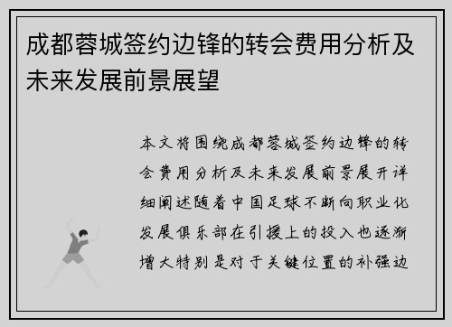 成都蓉城签约边锋的转会费用分析及未来发展前景展望