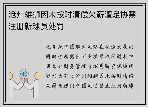 沧州雄狮因未按时清偿欠薪遭足协禁注册新球员处罚 沧州雄狮因未按时清偿欠薪遭足协禁注册新球员处罚