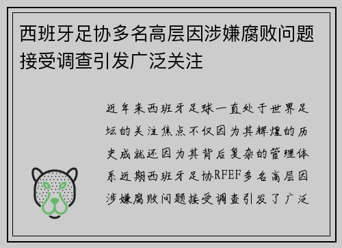 西班牙足协多名高层因涉嫌腐败问题接受调查引发广泛关注